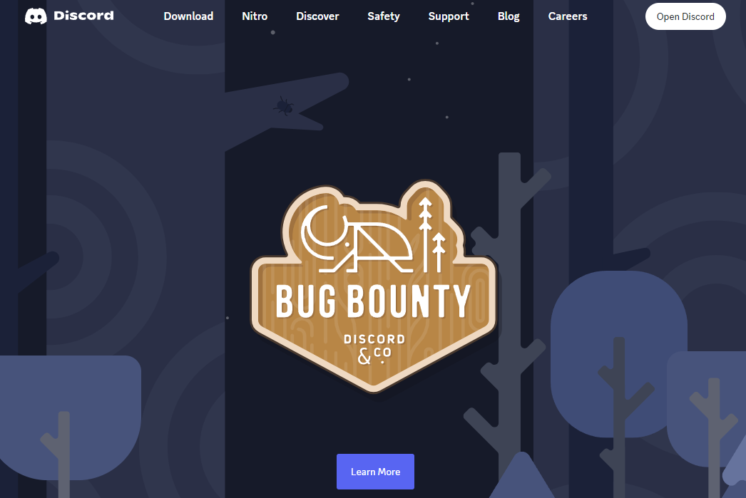 A screenshot of https://discord.com/security, showing a faux wooden sign with large text "BUG BOUNTY" and below small text "DISCORD & CO.". Behind the sign is a minimalist depicition of a dark forest.
